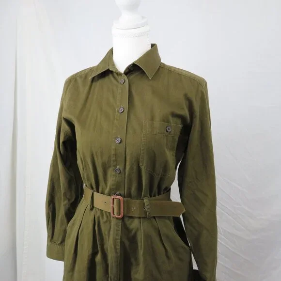 Vintage Charter Club Petites Olive Green Utility Shirt Dress | Size 10P xs/s - Picture 3 of 5